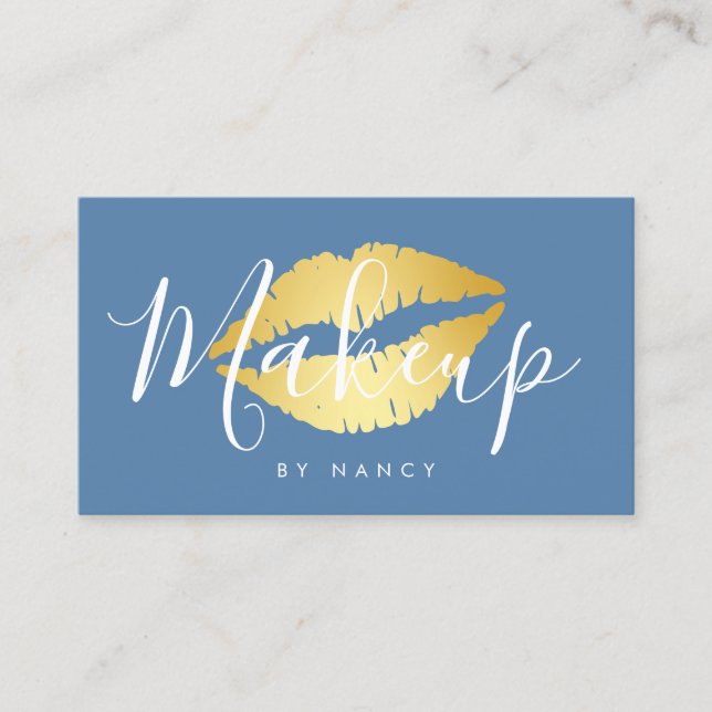 Modern Makeup Typography  Dusty Blue Lips Business Card (Front)