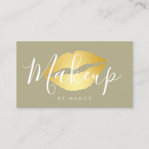 Modern Makeup Typography Sage Green Gold Lips Business Card