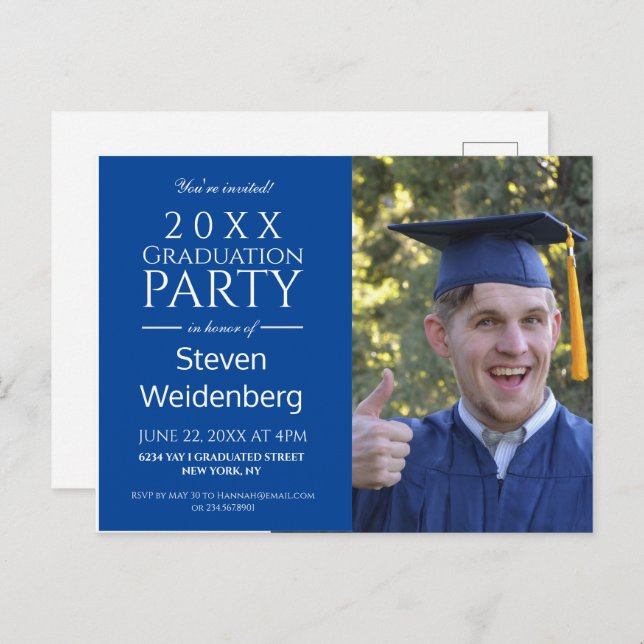 MODERN MALE BLUE 2025 GRADUATION PARTY INVITATION POSTCARD (Front/Back)