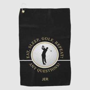 Modern Male Golfer Pro Golf Ball Quote Black Gold Golf Towel