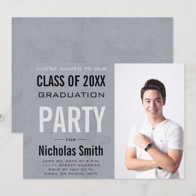 Modern Male Grad Blue Graduation Party  Invitation (Front/Back)