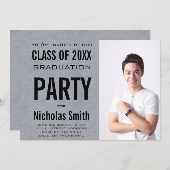 MODERN MALE GRAD BLUE GRADUATION PARTY INVITATION (Front/Back)