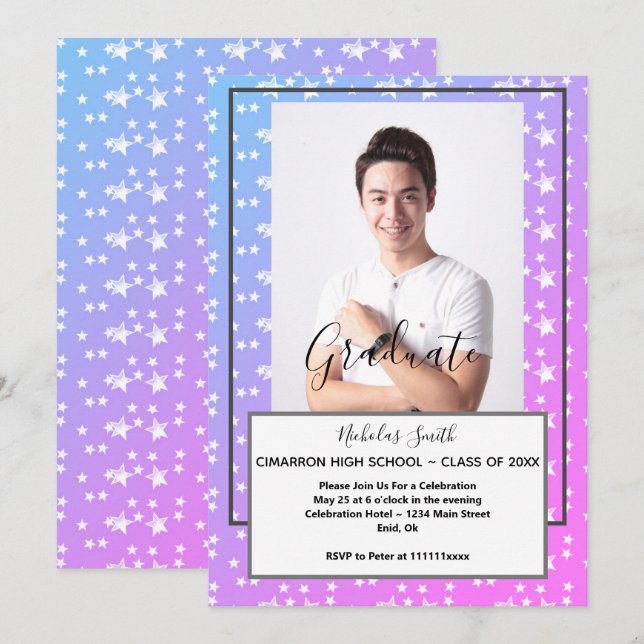 MODERN MALE GRAD BLUE STARS | GRADUATION PARTY INVITATION (Front/Back)