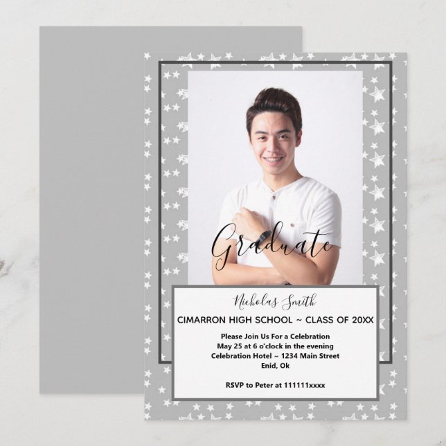 MODERN MALE GRAD GRAY STARS | GRADUATION PARTY INVITATION (Front/Back)