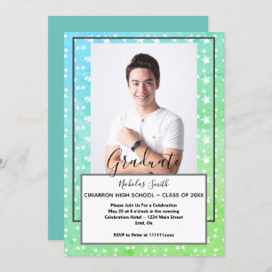 MODERN MALE GRAD GREEN STARS   GRADUATION PARTY INVITATION