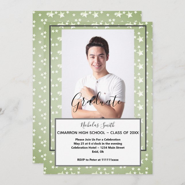 MODERN MALE GRAD GREEN STARS | GRADUATION PARTY INVITATION (Front/Back)