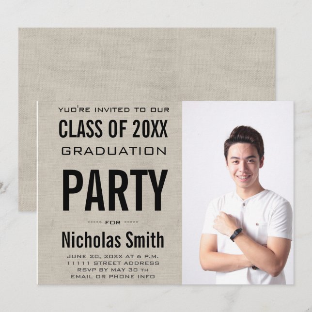 MODERN MALE GRAD GREY GRADUATION PARTY INVITATION (Front/Back)