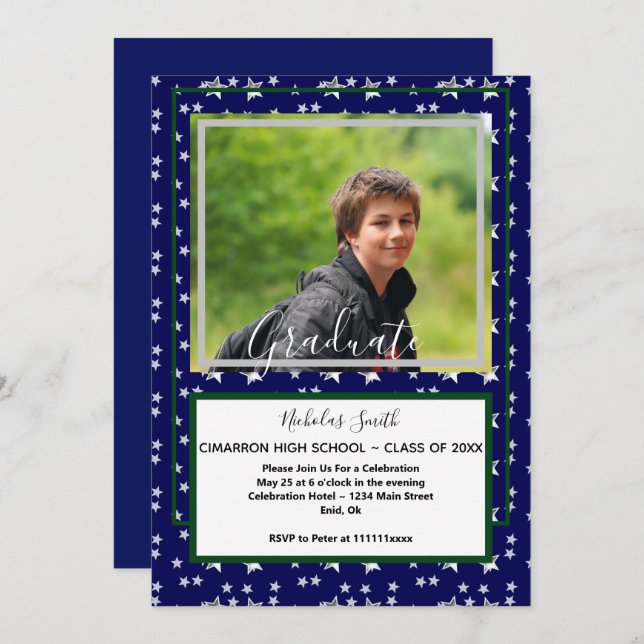 MODERN MALE GRAD STARS BLUE | GRADUATION PARTY INVITATION (Front/Back)