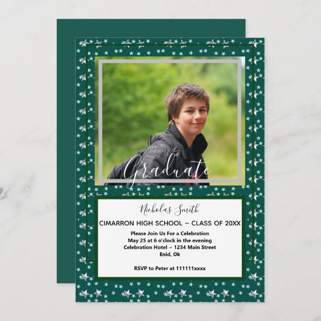 MODERN MALE GRAD STARS GREEN  | GRADUATION PARTY INVITATION (Front/Back)