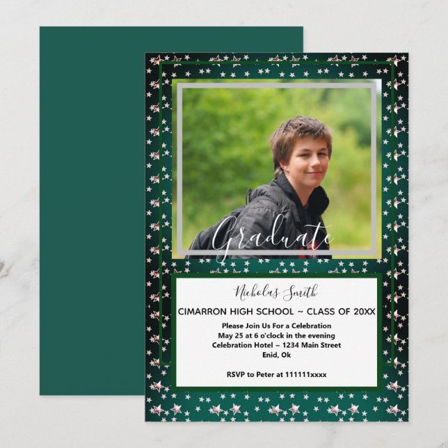 MODERN MALE GRAD STARS GREEN  | GRADUATION PARTY INVITATION (Front/Back)