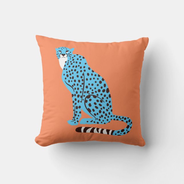 Modern Malibu Blue Cheetah on Salmon Orange Cushion (Front)