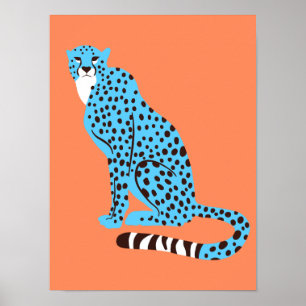 Modern Malibu Blue Cheetah on Salmon Orange Poster