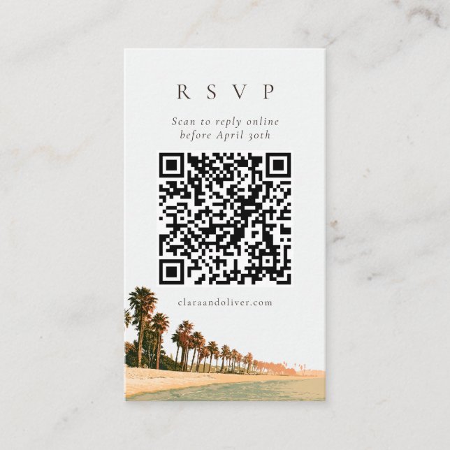 Modern Malibu Palm Tree Beach Wedding QR Code RSVP Enclosure Card (Front)