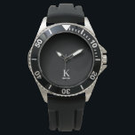 Modern man monogram name black white personalised watch<br><div class="desc">Modern elegant monogrammed simple masculine stylish black watch with white trendy typography.            Personalised name and initial gift for him: dad,  father,  best man,  groomsman,  husband,  son,  boyfriend on birthday,  graduation,  weddings,  or any other occasion.</div>