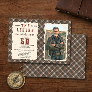 Modern Man Myth Legend Burgundy Plaid 50th Photo Invitation