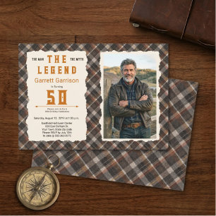 Modern Man Myth Legend Copper Plaid 50th Photo Invitation