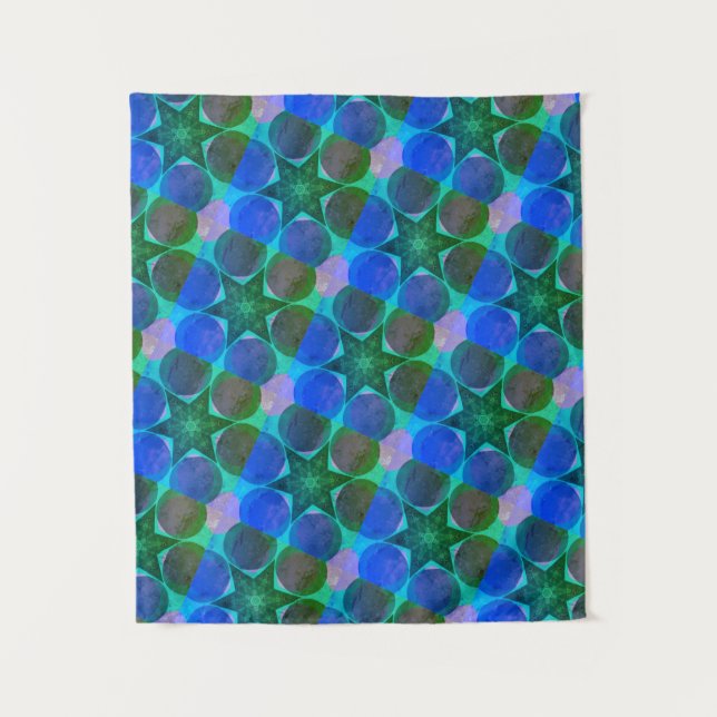 MODERN Mandala COLOR GREEN BLUE STAR TAPESTRY (Front)