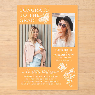 Modern Mango Butterfly Photo Graduation Party Acrylic Invitations