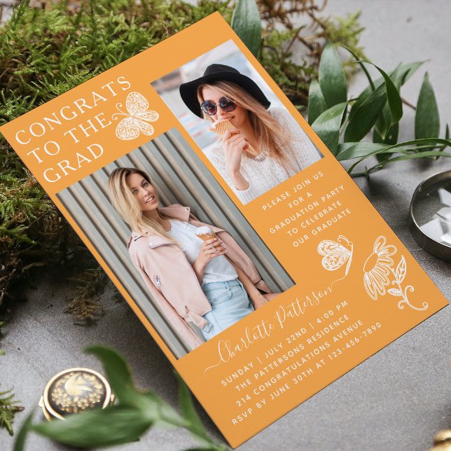 Modern Mango Butterfly Photo Graduation Party Invitation (Creator Uploaded)