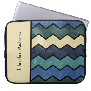 Modern Manly Blue Chevrons With Name Laptop Sleeve
