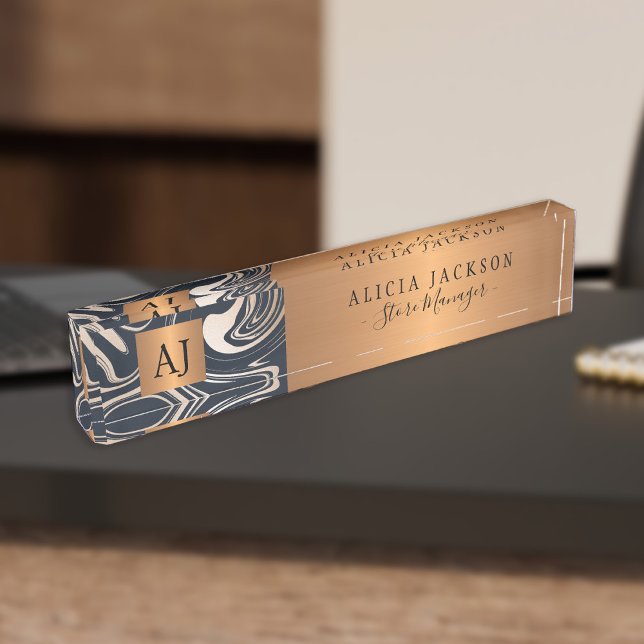 Modern marble abstract pattern black gold monogram nameplate (Creator Uploaded)