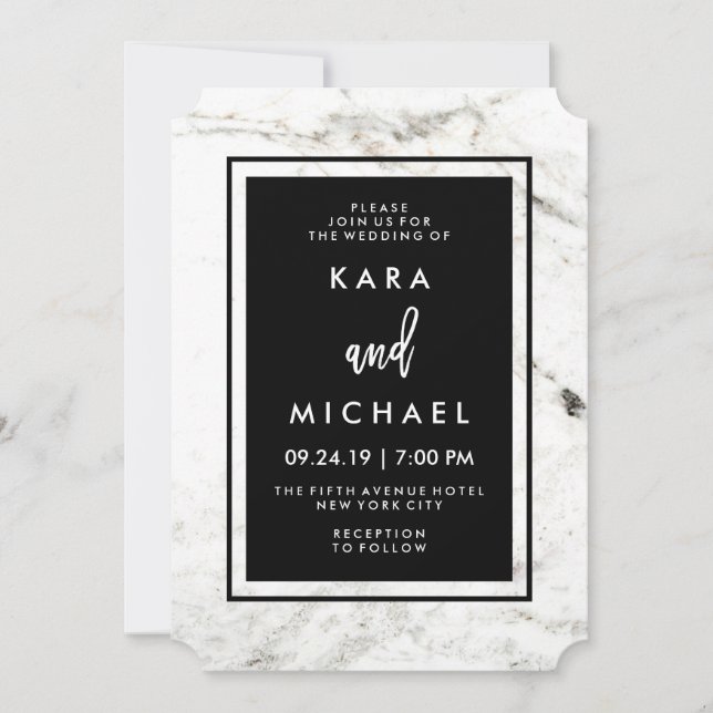 Modern Marble and Black Wedding Invitation (Front)