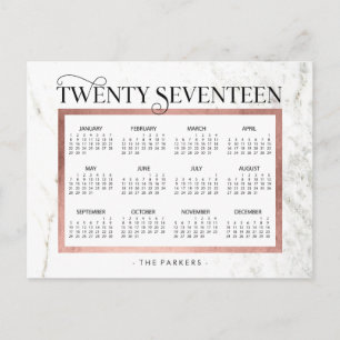 Modern Marble and Faux Rose Gold 2017 Calendar Holiday Postcard