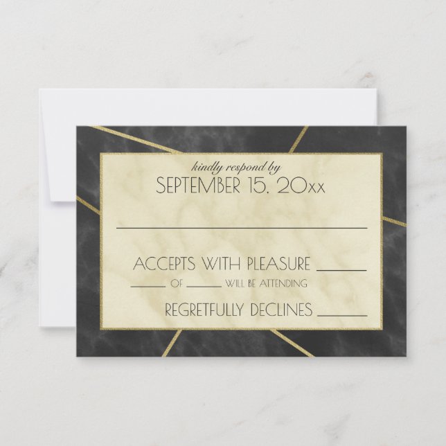Modern Marble and Gold Geometric Wedding Reply RSVP Card (Front)