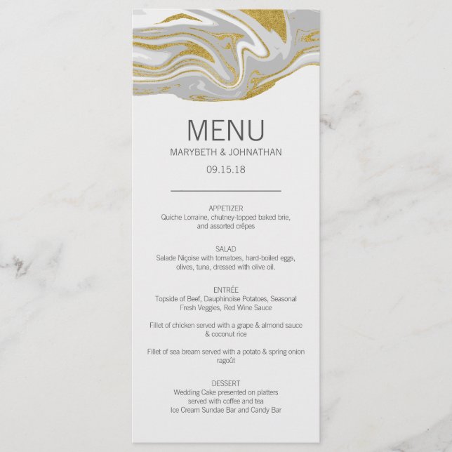 Modern Marble and Gold Wedding Menu Card (Front)