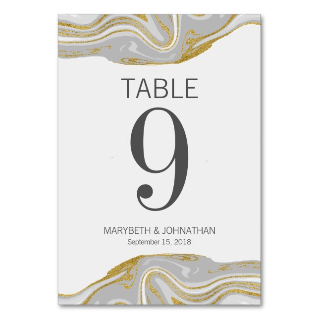 Modern Marble and Gold Wedding Table Number Card (Front)