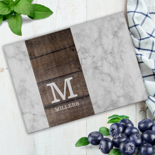  Modern Marble And Wood Family Name Monogrammed Cutting Board