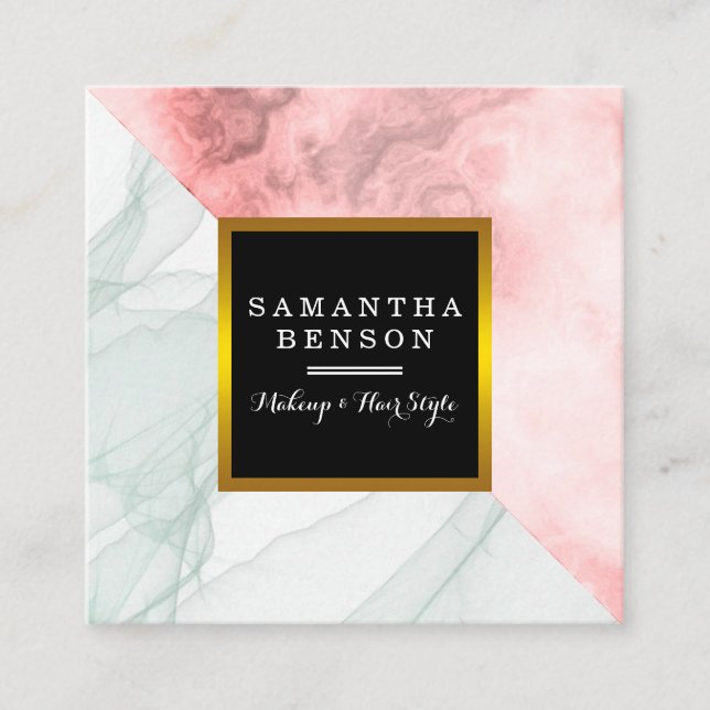 Modern Marble Black & Gold Beauty Salon Square Business Card (Front)