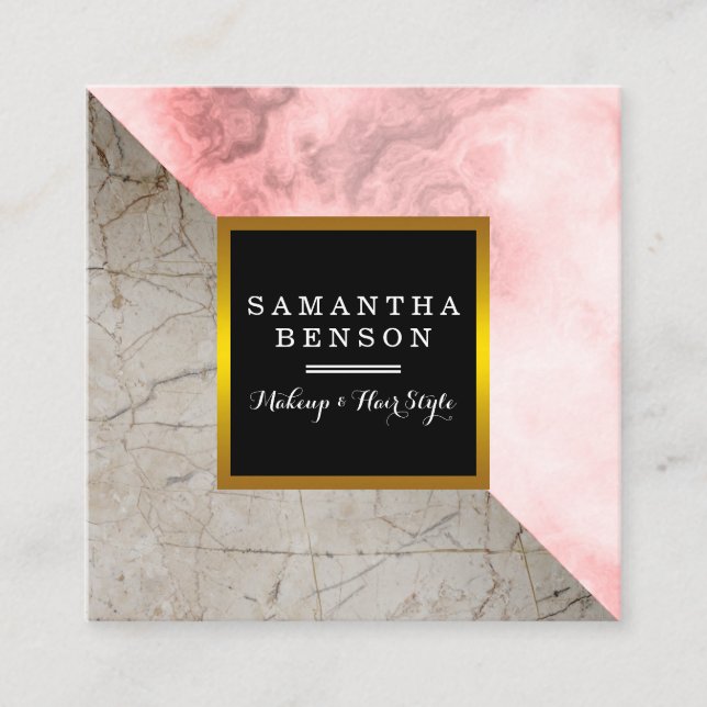 Modern Marble Black & Gold Beauty Salon Square Business Card (Front)
