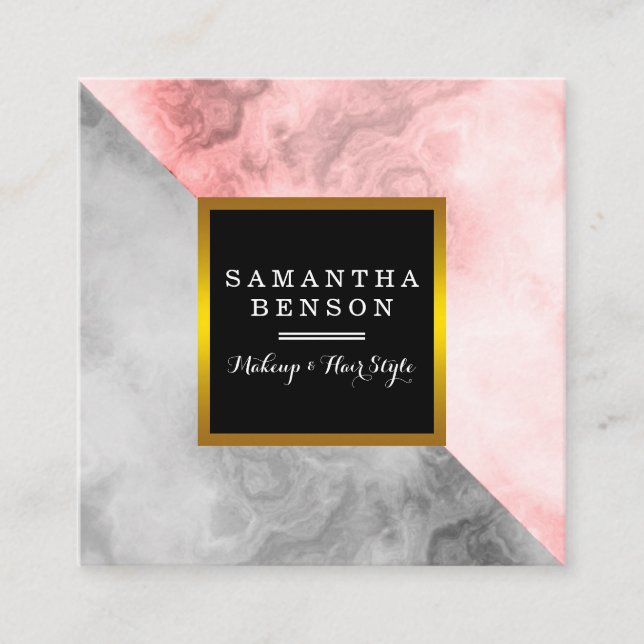 Modern Marble Black & Gold Beauty Salon Square Business Card (Front)