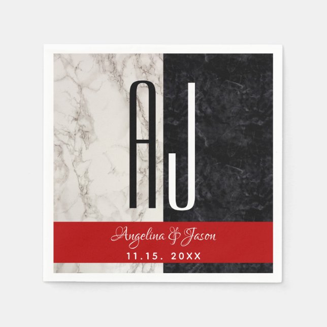 Modern Marble Black White and Red Wedding Initials Napkin (Front)