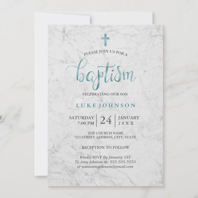 Modern Marble Blue Baptism Invitation (Front)