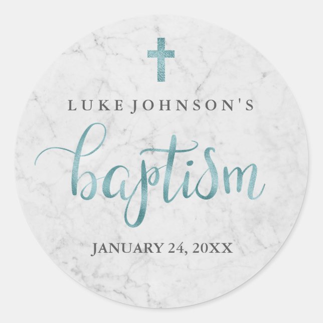 Modern Marble Blue Baptism Sticker (Front)