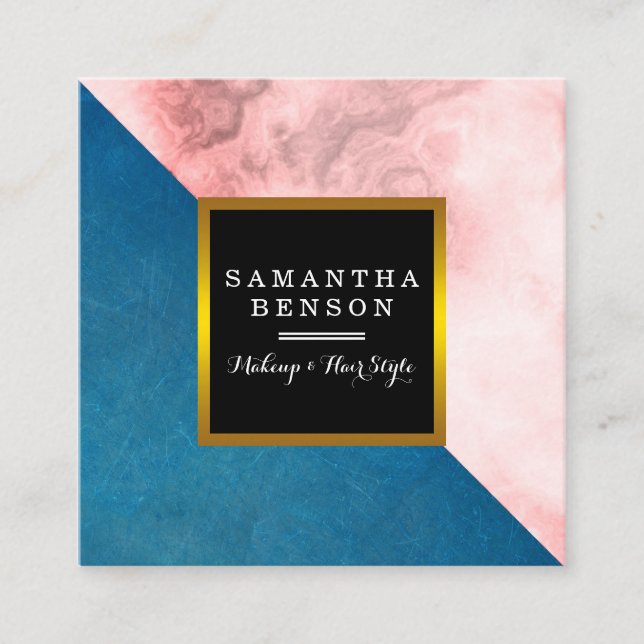 Modern Marble Blue & Gold Beauty Salon Square Business Card (Front)
