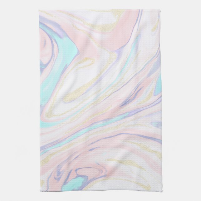 Modern Marble Blue Pink Gold Glitter  Tea Towel (Vertical)