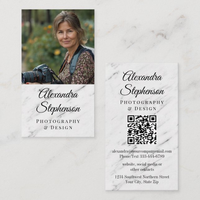 Modern Marble Classic Elegant QR Code Custom Photo Business Card (Front/Back)