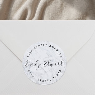 Modern Marble Couple Names Wedding Address Classic Round Sticker