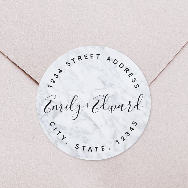 Modern Marble Couple Names Wedding Address Classic Round Sticker (Creator Uploaded)