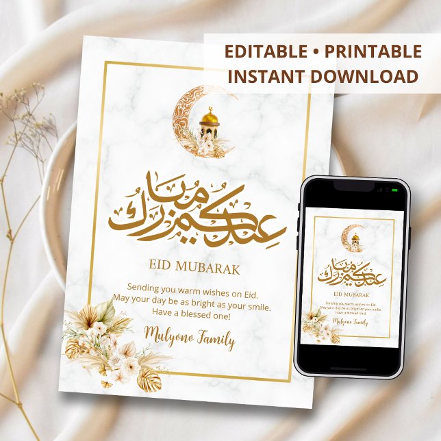 Modern Marble Eid Mubarak Card Gold Crescent  (Creator Uploaded)