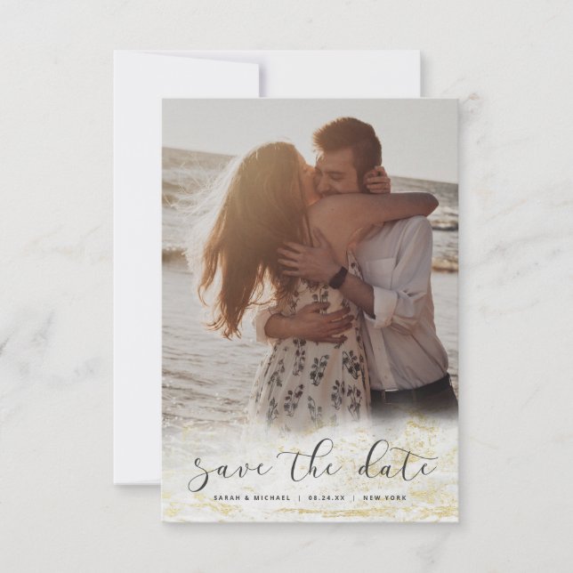 Modern Marble Fade White with Gold Custom Photo Save The Date (Front)