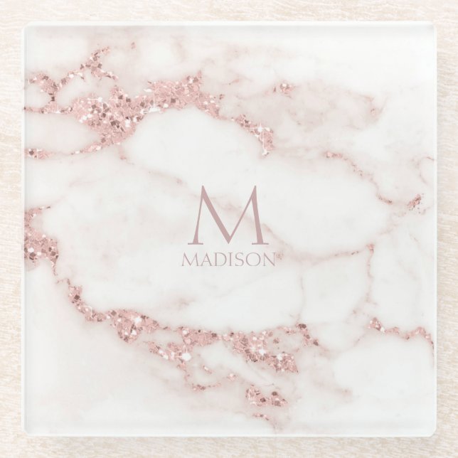 Modern Marble Glitter Monogram Rose Gold ID816 Glass Coaster (Front)
