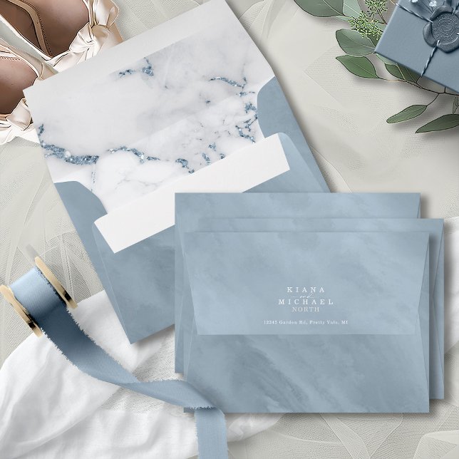 Modern Marble Glitter Wedding Dusty Blue ID816 Envelope (Interior/Back In Situ)
