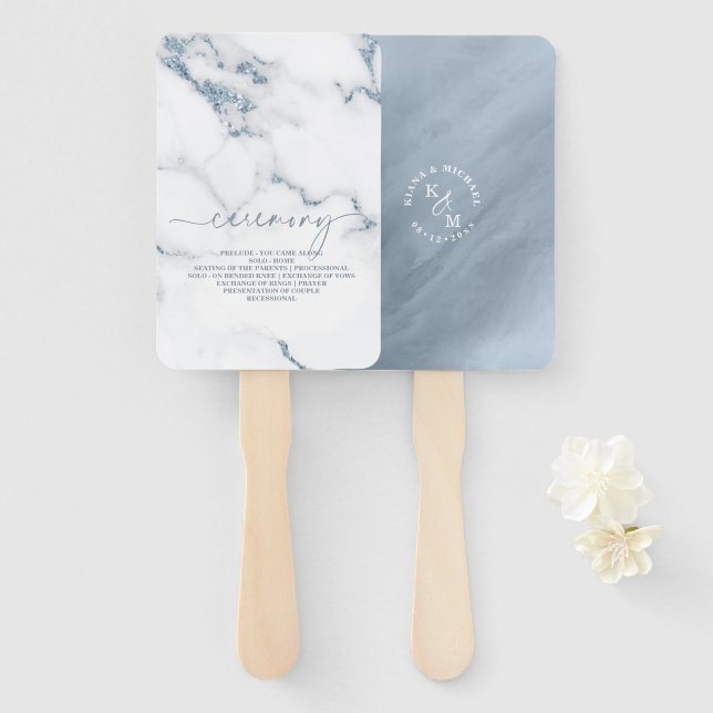 Modern Marble Glitter Wedding Dusty Blue ID816 Hand Fan (Front and Back)