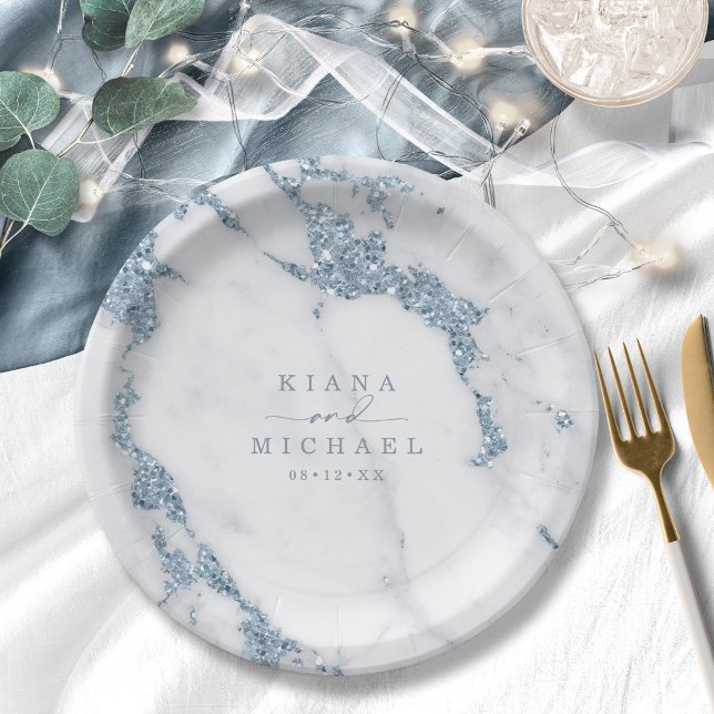 Modern Marble Glitter Wedding Dusty Blue ID816 Paper Plate (Creator Uploaded)