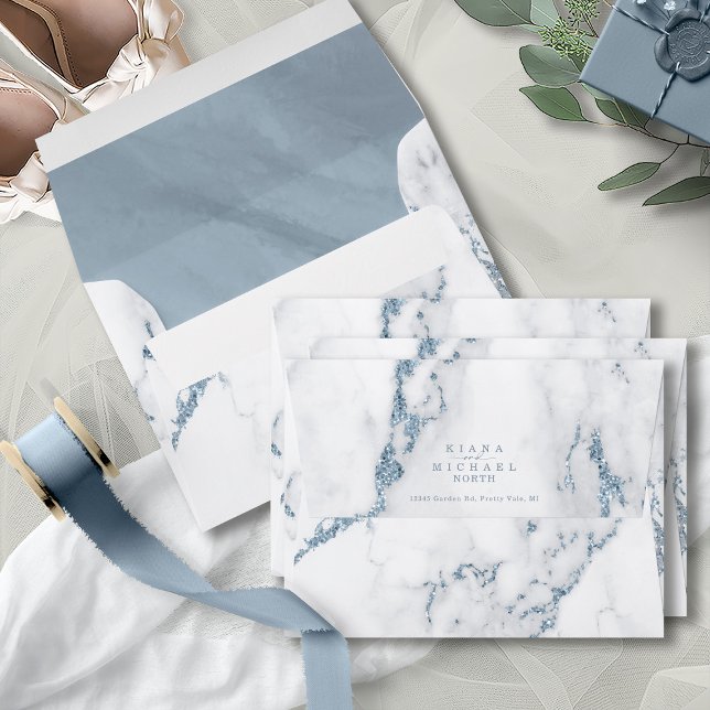 Modern Marble Glitter Wedding Dusty Blue V2 ID816 Envelope (Interior/Back In Situ)