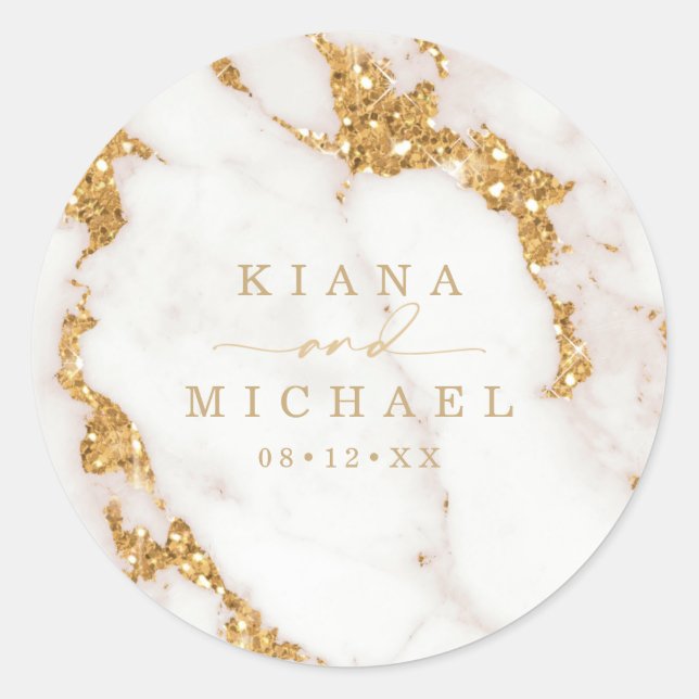Modern Marble Glitter Wedding Gold ID816 Classic Round Sticker (Front)